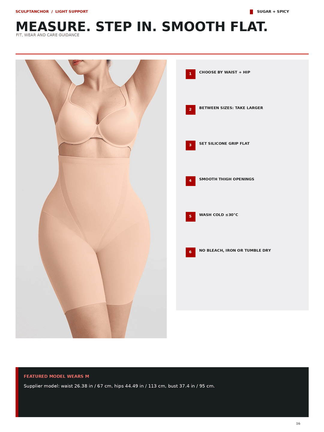 Instruction sheet for a shapewear garment showing a model wearing the product, with text reading &