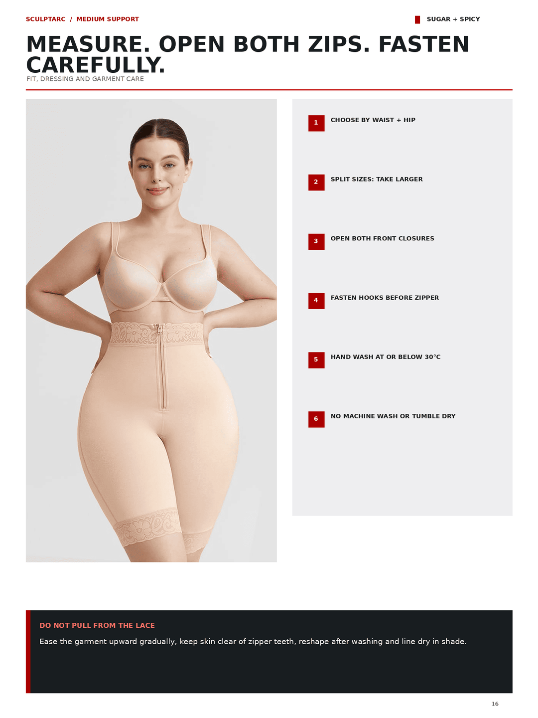 Instruction sheet for the Sugar + Spicy Sculptac midsection support shapewear in beige. The page features a model wearing the beige shapewear, alongside numbered instructions on the right side, set against a white background with black and red text.