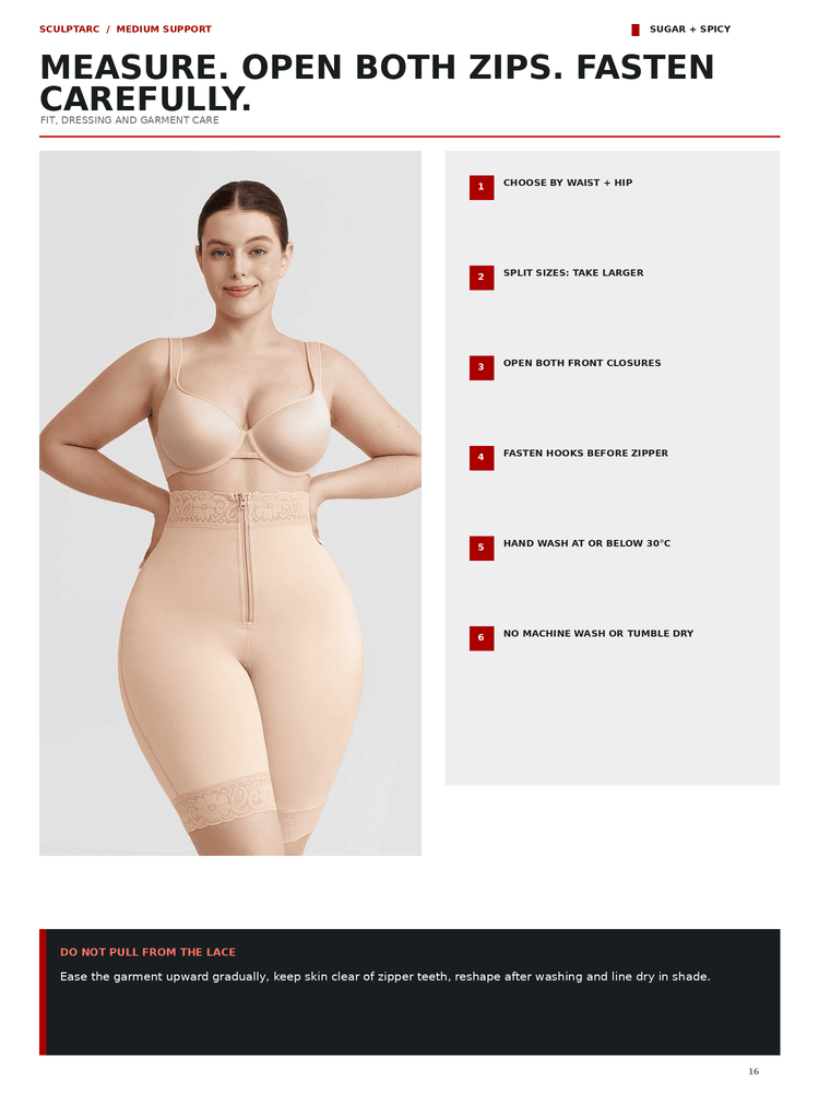 Instruction sheet for the Sugar + Spicy Sculptac midsection support shapewear in beige. The page features a model wearing the beige shapewear, alongside numbered instructions on the right side, set against a white background with black and red text.