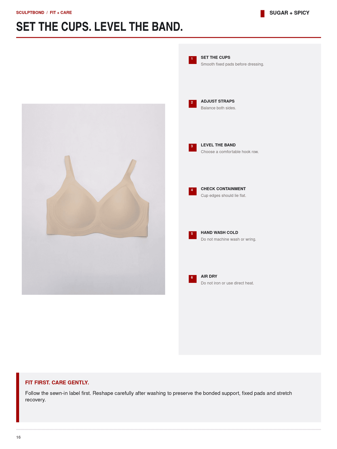 Care and fit guide page for a sugar + spicy fragrance, showing a beige underwire bra on a white background with text instructions on how to set the cups, level the band, and care instructions.