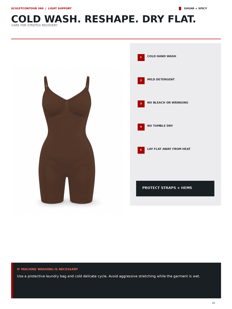 A product care sheet for a brown shapewear bodysuit. The sheet features a photo of the brown bodysuit on the left, a numbered care instructions list on the right, and a care tip at the bottom.