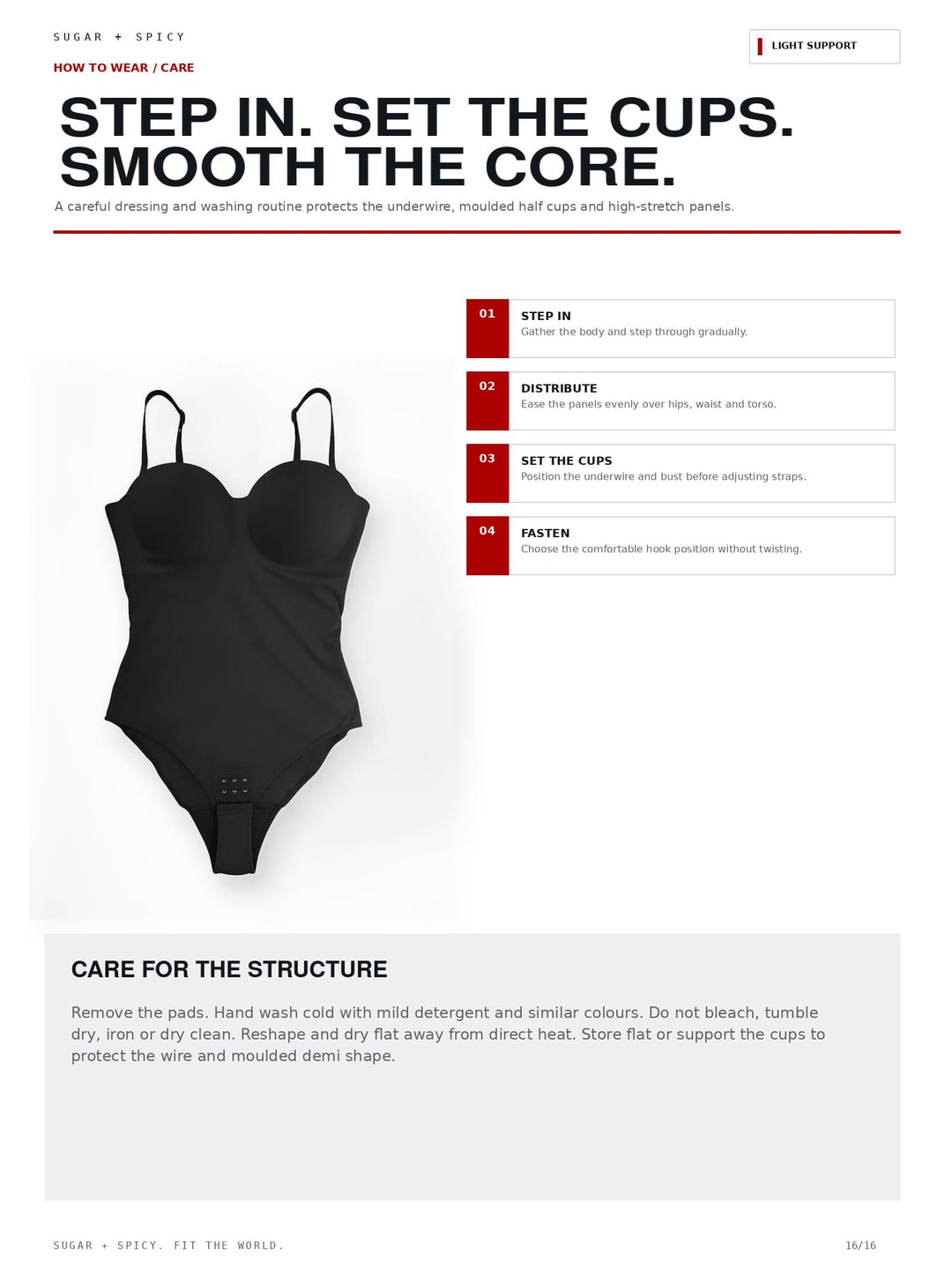 A product care and wear guide page for a black bodysuit, titled &