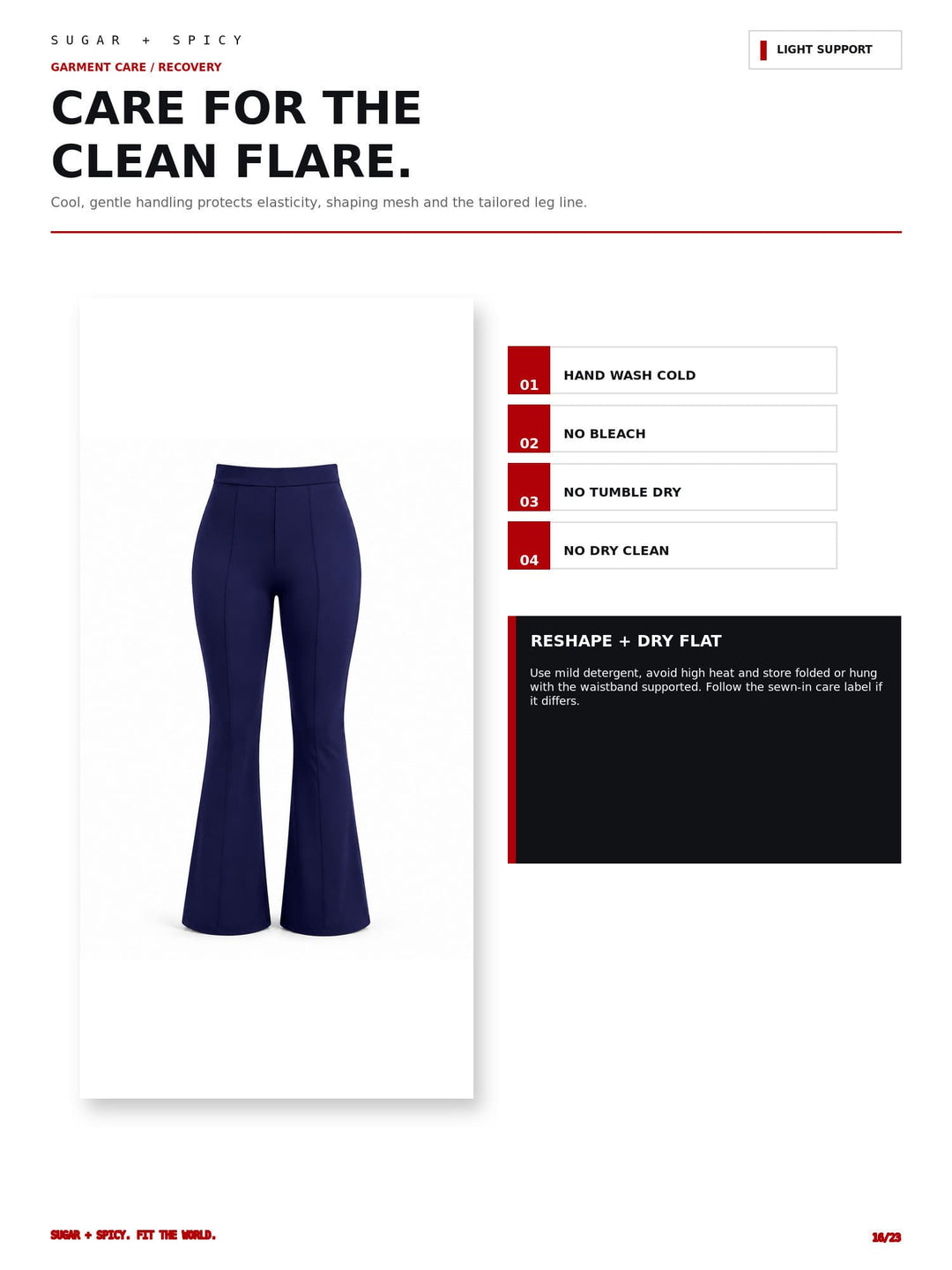 A care instructions graphic for Sugar + Spicy garment care, featuring a pair of navy blue flared pants on a white background, with text detailing how to care for the clean flare and a black reshaping section.