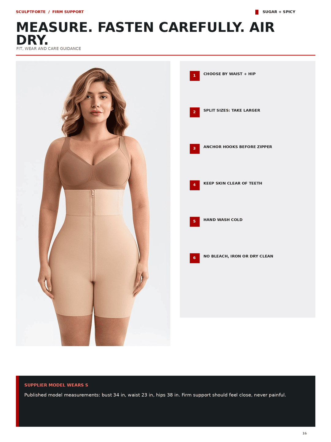 A product information page for a high-waisted seamless shapewear brief. The page features a model wearing the beige shapewear brief, alongside a numbered list of instructions on the right and a brand note at the bottom.