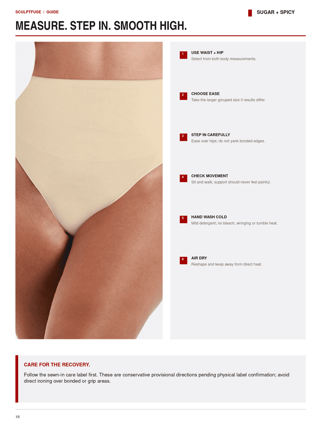 A printed care and measurement guide page for a body shapewear product. The page shows a close-up photo of a model&