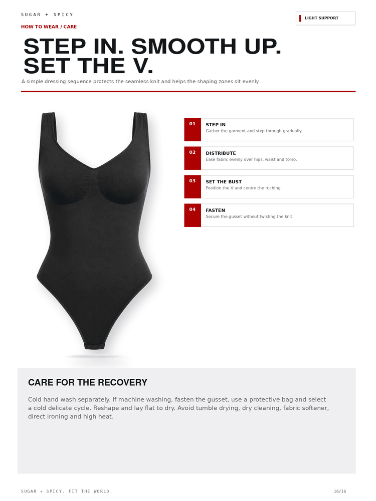 A product care and wear guide page for a black one-piece swimsuit. The page features a large photo of the swimsuit on the left, bold instructions at the top, numbered steps on the right, and a 'Care for the Recovery' section at the bottom on a white background.