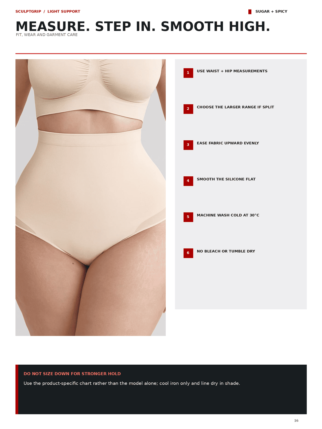 Instruction sheet showing a model wearing a beige high-waisted shapewear brief, with text instructions on the right and product details at the top and bottom.
