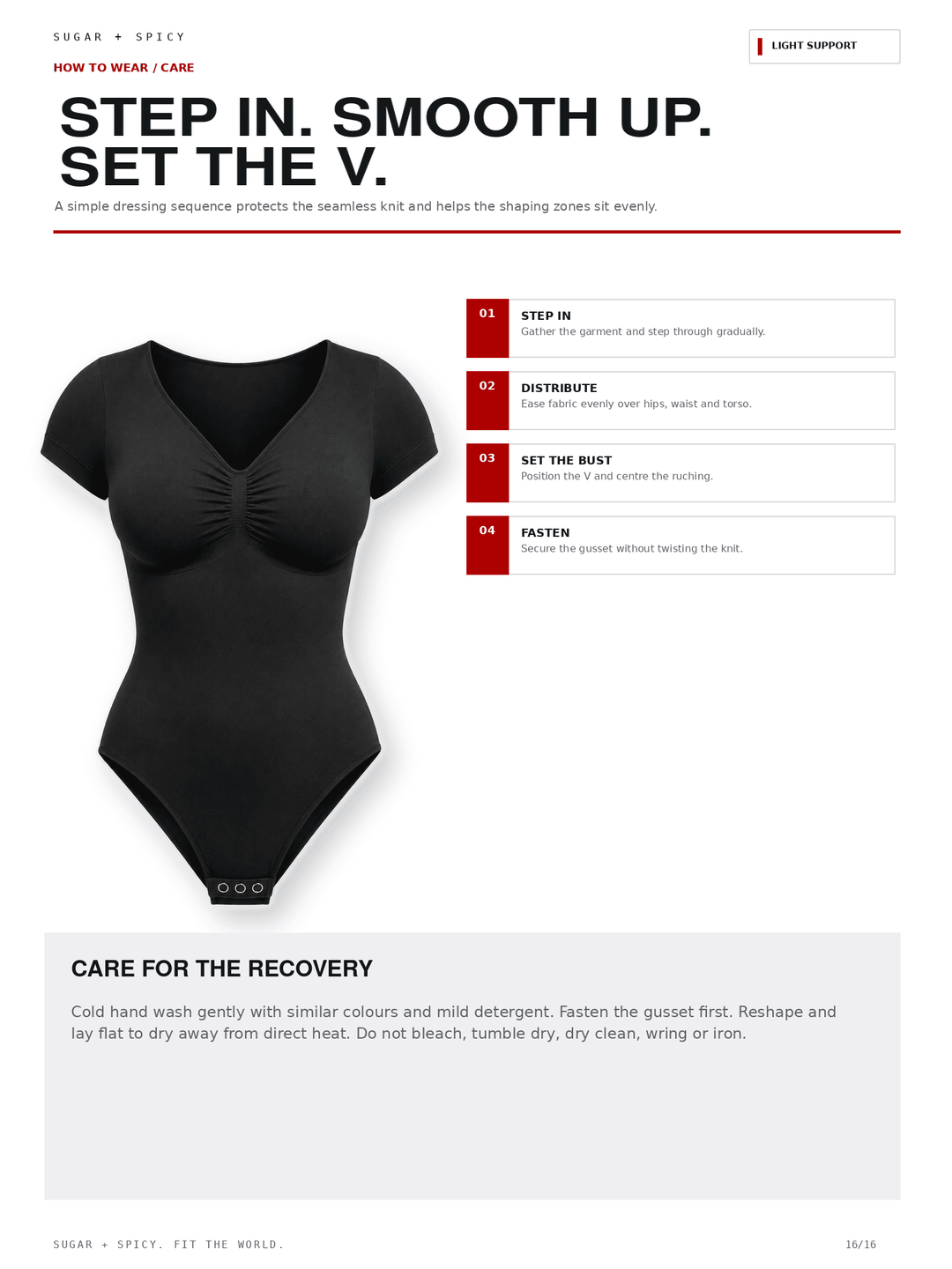 A white informational product page for a black short-sleeve bodysuit. The page includes a large photo of the bodysuit, numbered step-by-step wearing instructions on the right, and care instructions at the bottom.