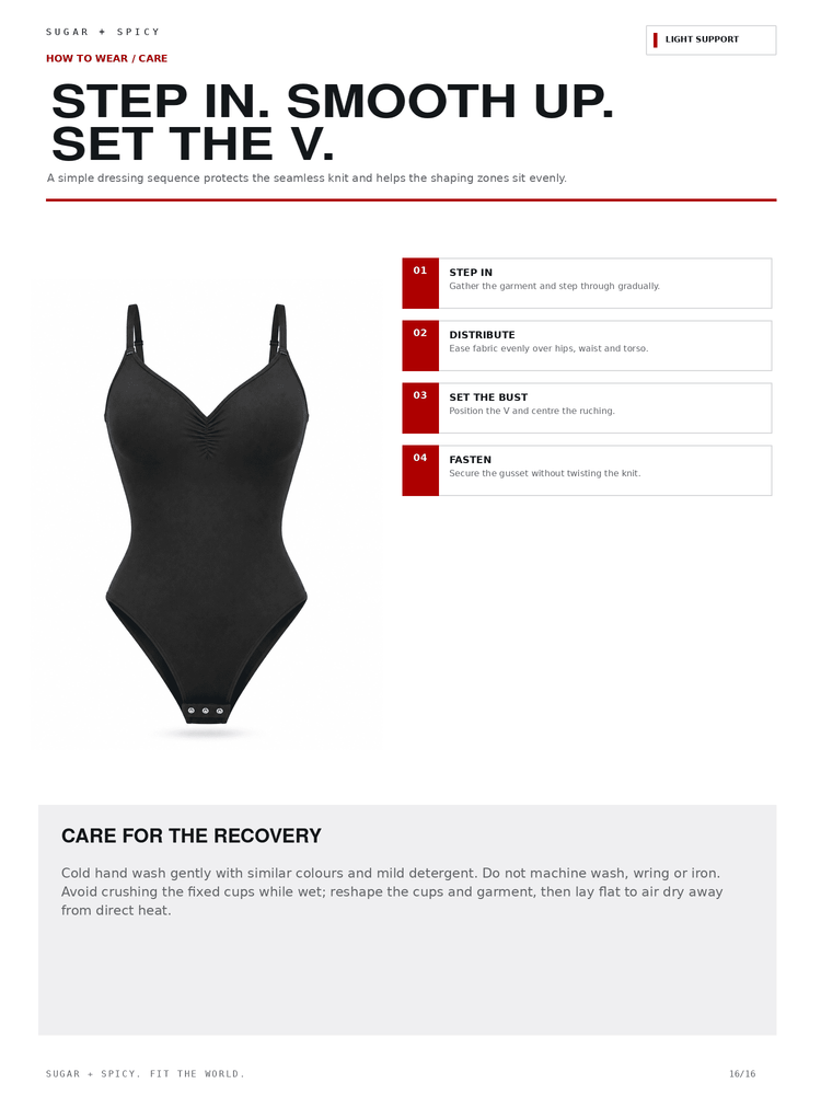 A white instructional support sheet for a black bodysuit, titled 'STEP IN. SMOOTH UP.