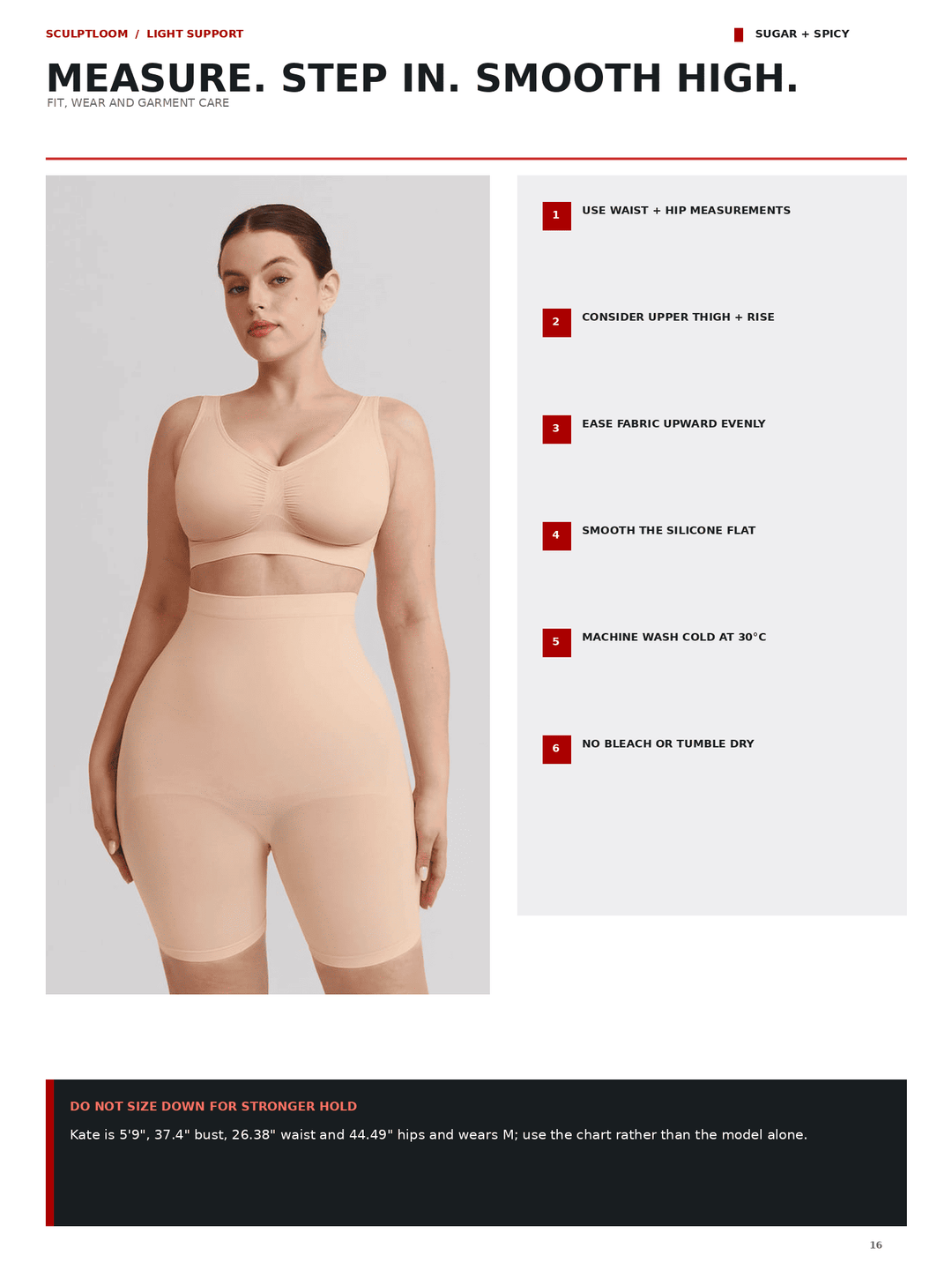 A product information page for the Sculptusion Light Support Sugar + Spicy shapewear. The page features a model wearing the beige shapewear briefs and bra on the left, with a numbered list of instructions on the right, and sizing details at the bottom.