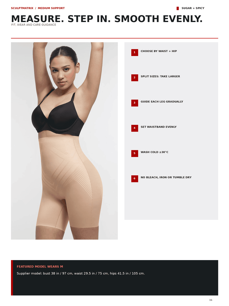 Instructional page for a compression garment showing a model wearing a black bra and beige shapewear, with text instructions on the right and a featured size/weight note at the bottom.