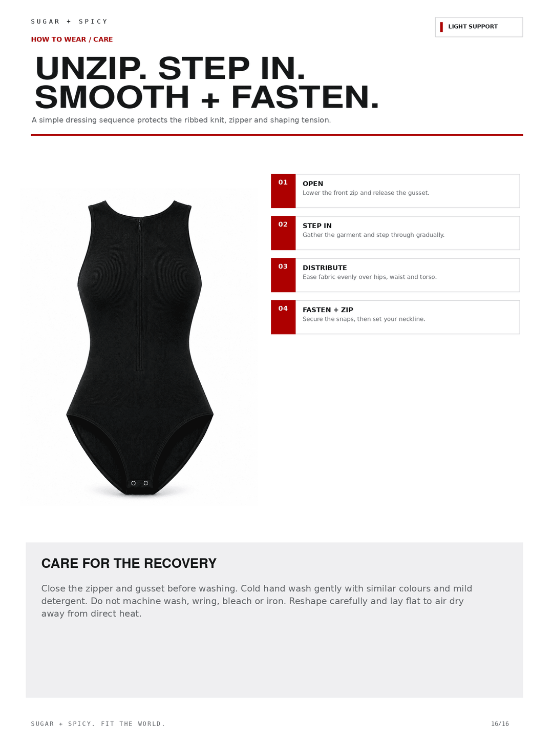 A white informational sheet with a black bodysuit shown on the left and text instructions on the right for unzip, step in, smooth, and fasten. Includes a care section at the bottom.