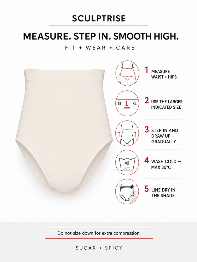 A beige high-waisted compression brief shown on a white background with text and icons explaining how to measure, size, fit, wash, and dry. The brand name SCULPTRISE appears at the top, and SUGAR + SPICY appears at the bottom.