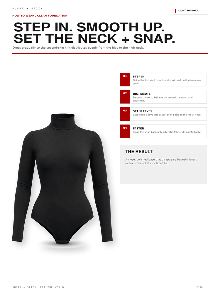 A black long-sleeve mock-neck bodysuit shown on a white page with text instructions, step-by-step guide, and a small product photo. The page is branded Sugar + Spicy.
