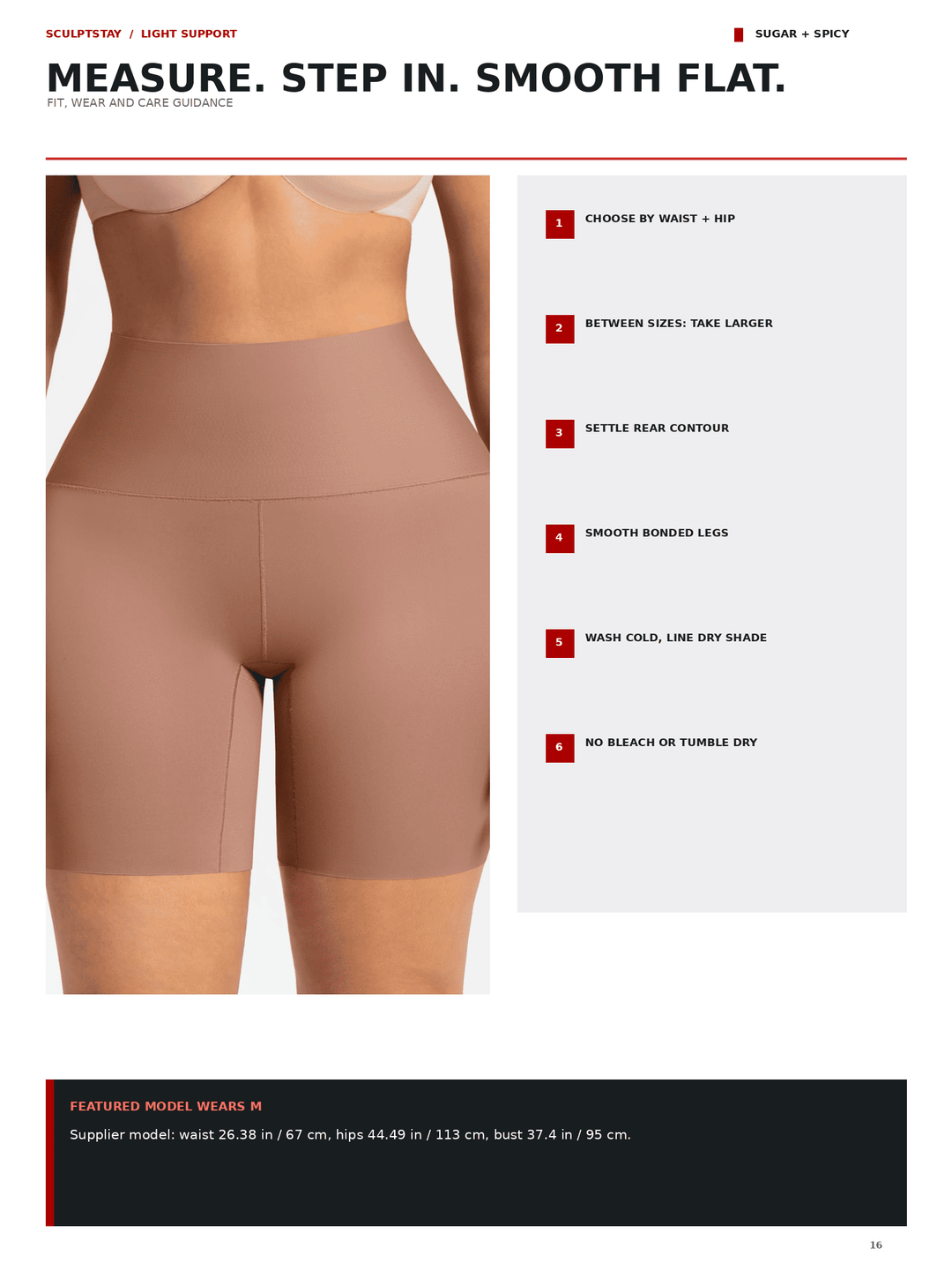 A product information page for Sculptosity light support briefs in the Sugar + Spicy shade. The page features a model wearing the high-waisted, smooth briefs, alongside a numbered list of fit and care instructions, and a featured size chart at the bottom.