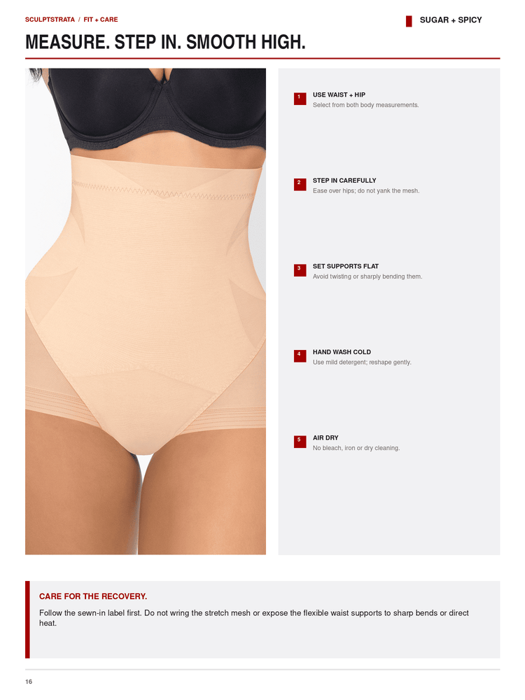 A product information page showing a model wearing a beige shapewear brief, with text instructions on the right and headings on the left and top.