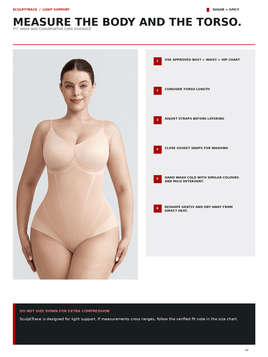 A product information page for ScaleFit + Light Support under the scent Sugar + Spicy, featuring a model wearing a nude-colored seamless bodysuit. The page includes text instructions on how to measure the body and torso, with numbered steps on the right and a photo of the model on the left.