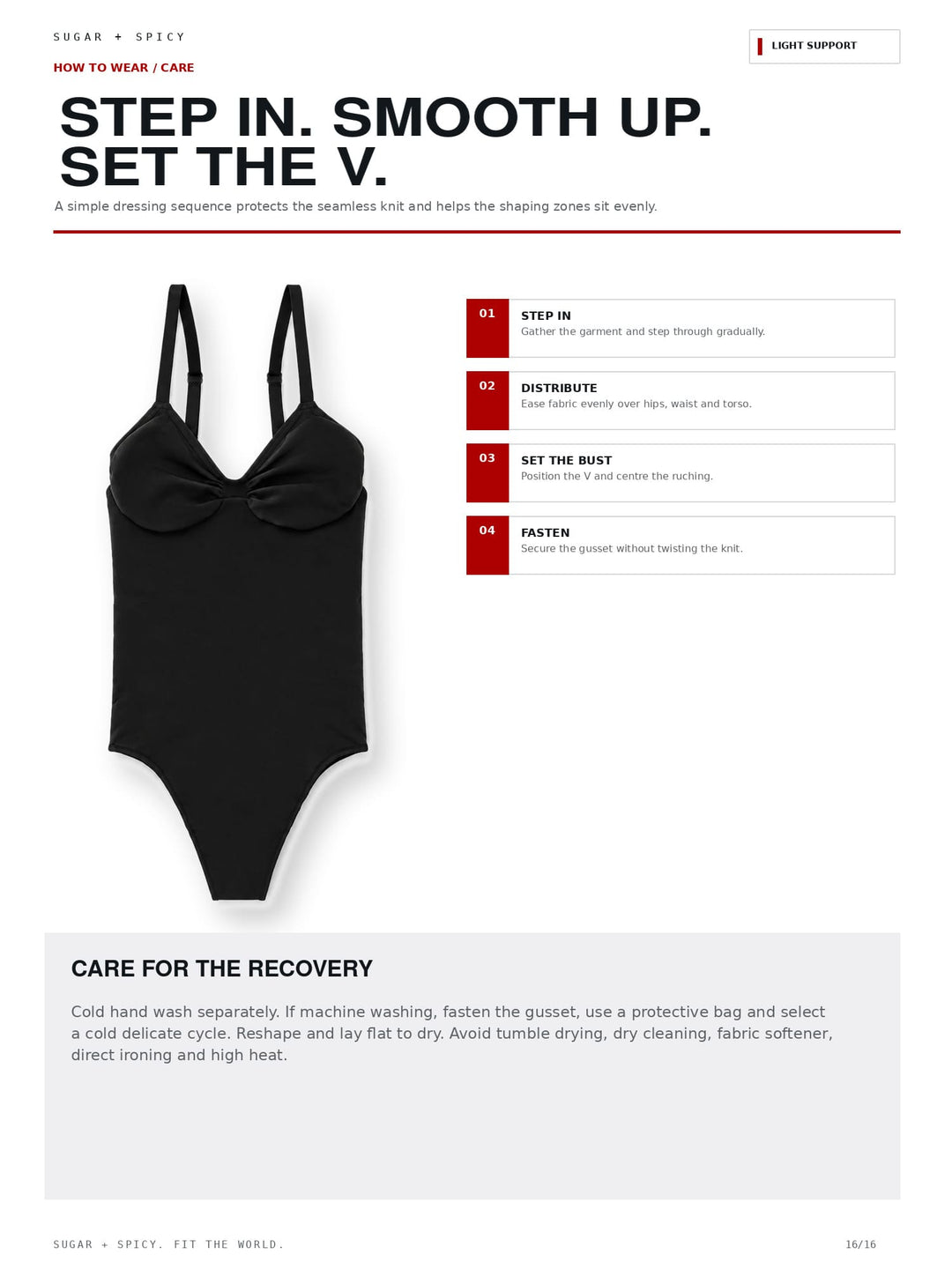 A product care and wear guide page for a black one-piece swimsuit, titled &