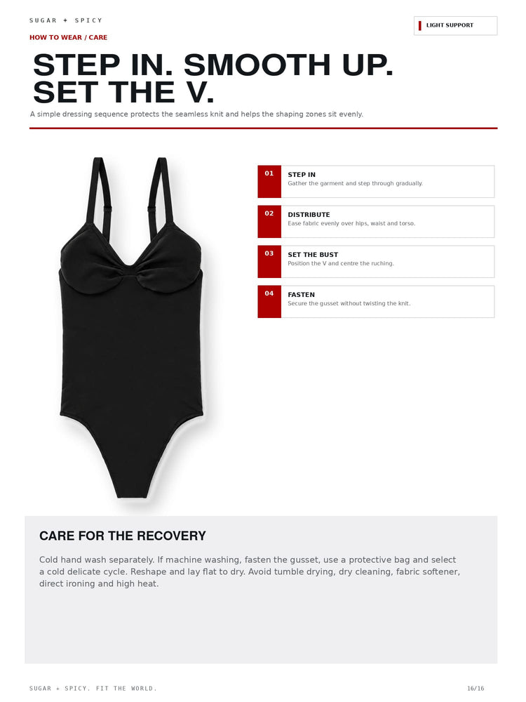 A product care and wear guide page for a black one-piece swimsuit, titled 'STEP IN. SMOOTH UP.