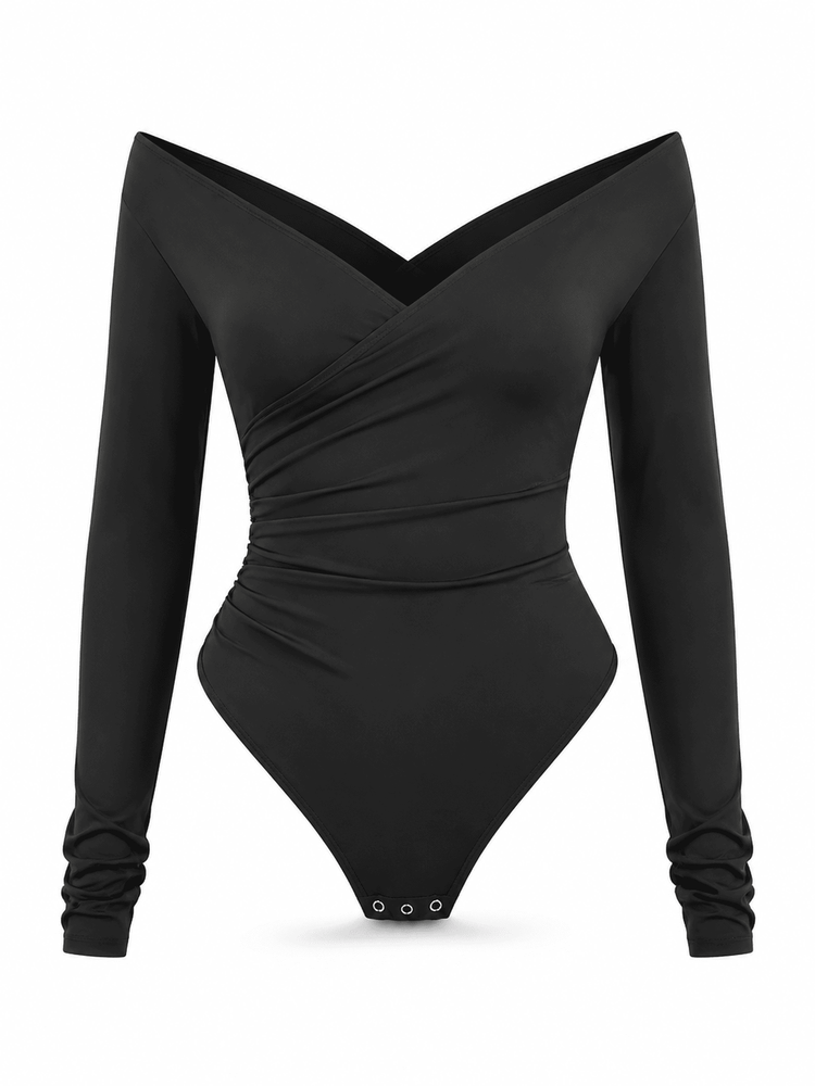 A black long-sleeve bodysuit with a dramatic off-the-shoulder sweetheart neckline, ruched waist, and three snap buttons at the crotch, shown on a plain white background.