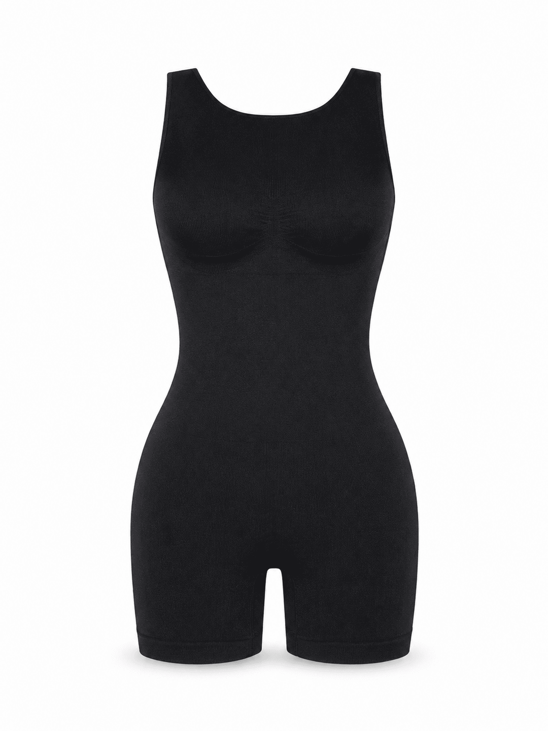 A black sleeveless bodysuit with built-in molded cups and short legs, shown on a plain white background.