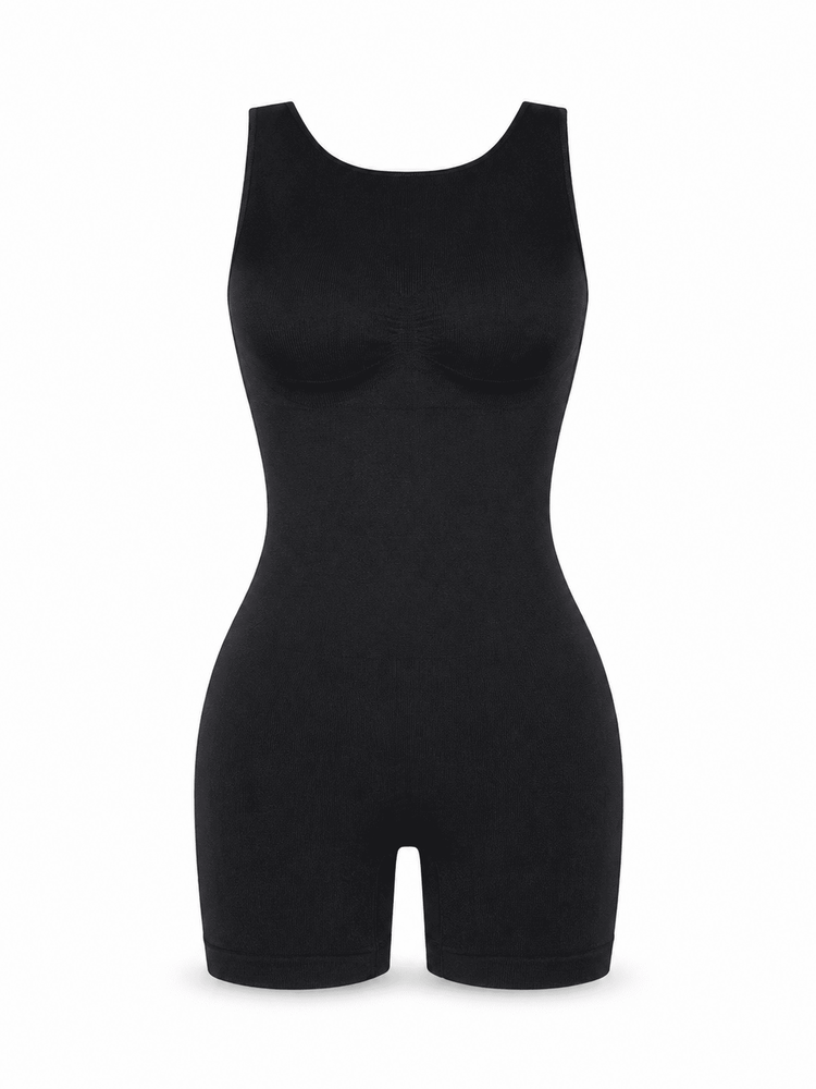 A black sleeveless bodysuit with built-in molded cups and short legs, shown on a plain white background.