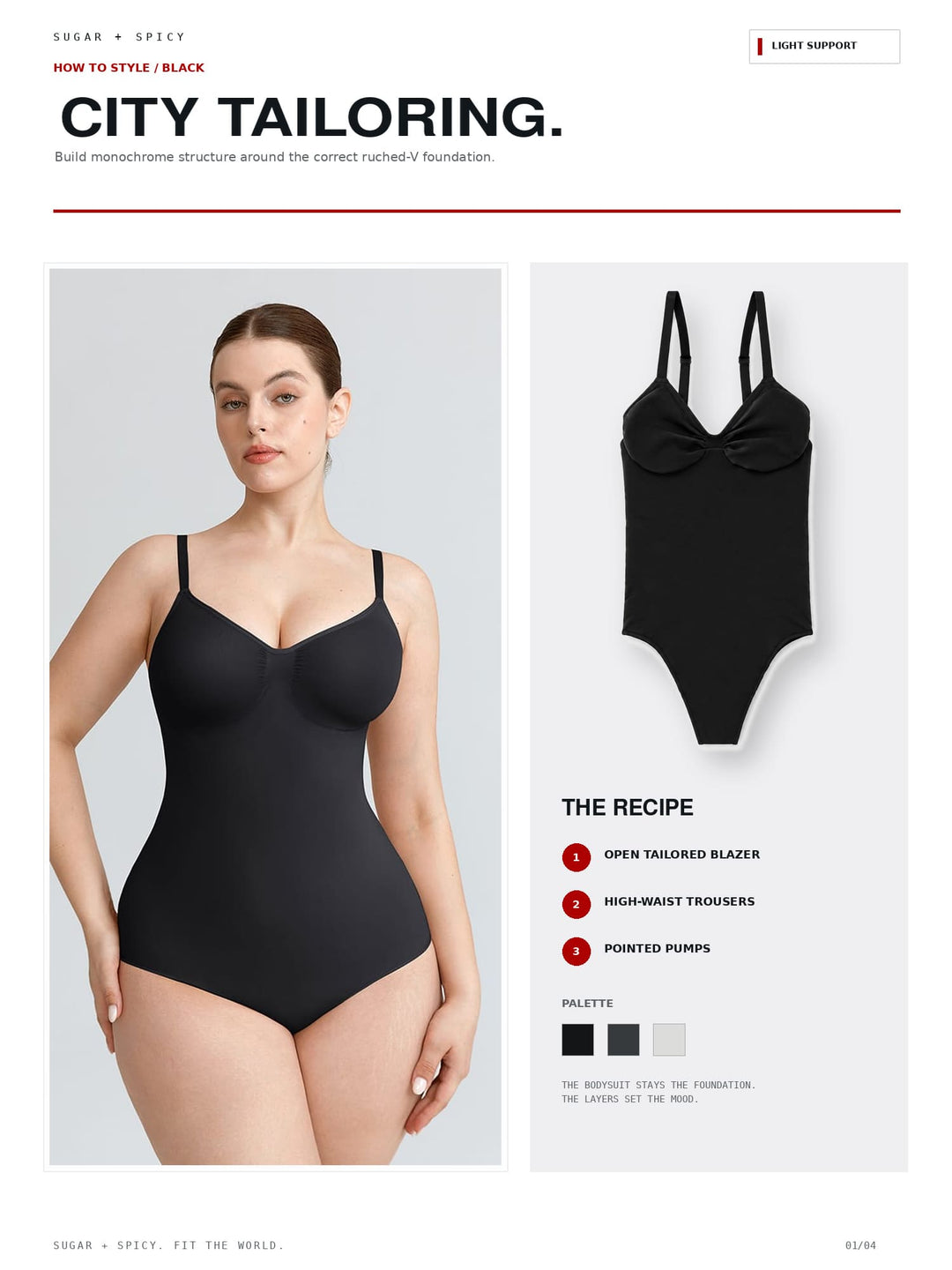A fashion editorial page showing a black one-piece swimsuit on a model on the left and a flat product shot of the same swimsuit on the right, with text reading &