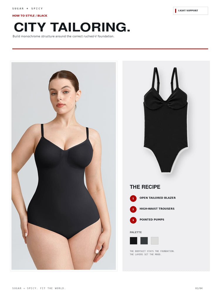 A fashion editorial page showing a black one-piece swimsuit on a model on the left and a flat product shot of the same swimsuit on the right, with text reading 'CITY TAILORING.' and 'THE RECIPE.