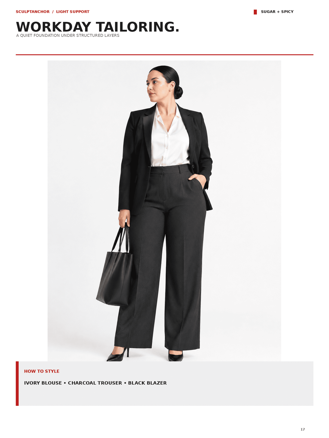 A fashion editorial page from Workday Tailoring featuring a model wearing a black blazer, charcoal wide-leg trousers, and a white collared shirt, holding a black tote bag against a light gray background.