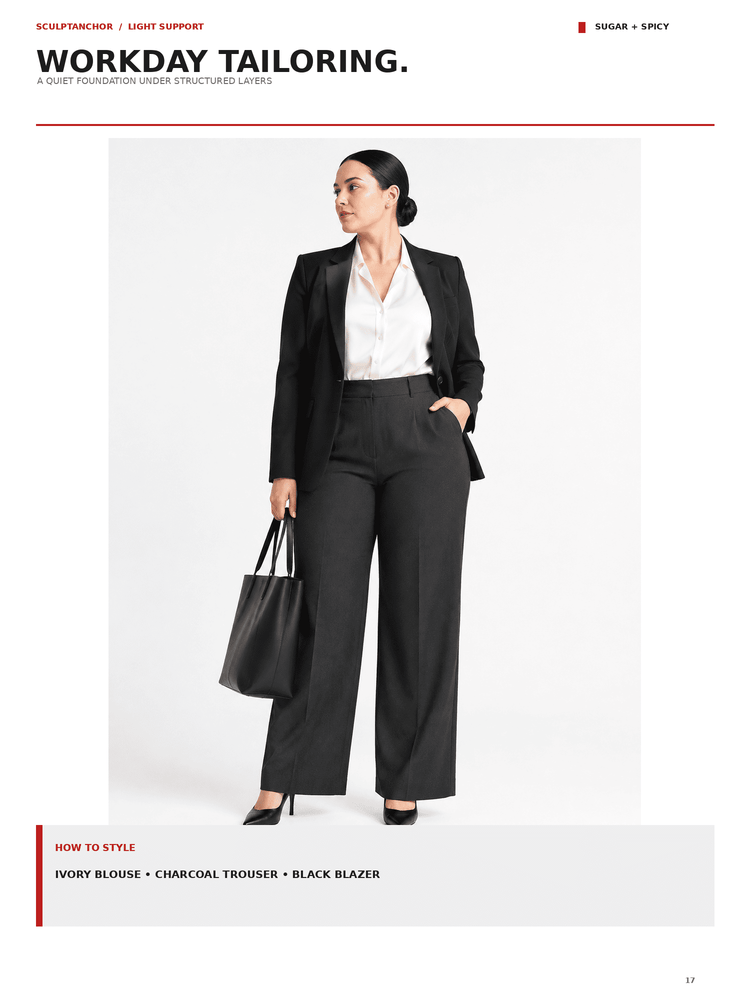 A fashion editorial page from Workday Tailoring featuring a model wearing a black blazer, charcoal wide-leg trousers, and a white collared shirt, holding a black tote bag against a light gray background.