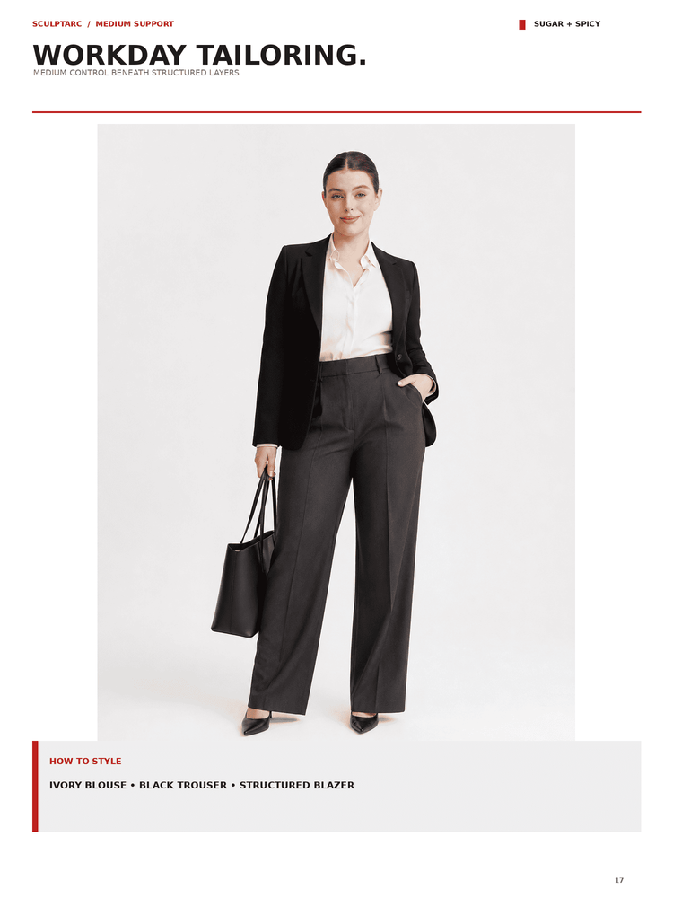 A model stands against a light gray studio background wearing a black structured blazer over an ivory blouse with dark wide-leg trousers, holding a black tote bag. The page includes the text 'WORKDAY TAILORING.