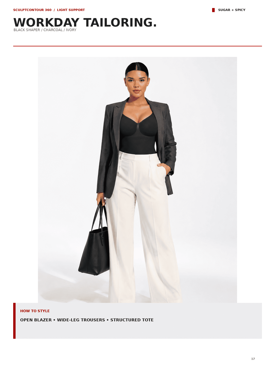 A fashion editorial page showing a model wearing a black structured blazer, a black sweetheart bodysuit, and high-waisted white wide-leg trousers, holding a black tote bag. The page header reads &