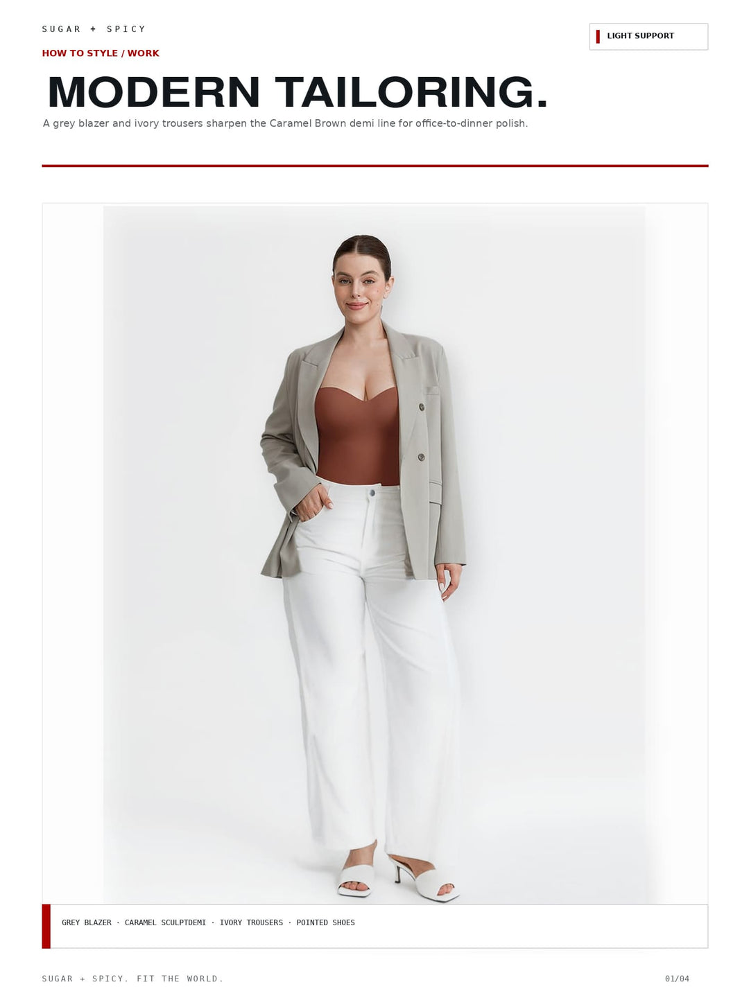 A fashion editorial-style page showing a woman modeling a light gray blazer, white pants, and a brown camisole against a plain white background, with the headline &
