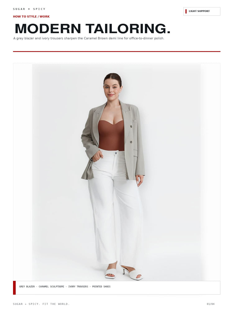 A fashion editorial-style page showing a woman modeling a light gray blazer, white pants, and a brown camisole against a plain white background, with the headline 'MODERN TAILORING.' and small text at the top and bottom.