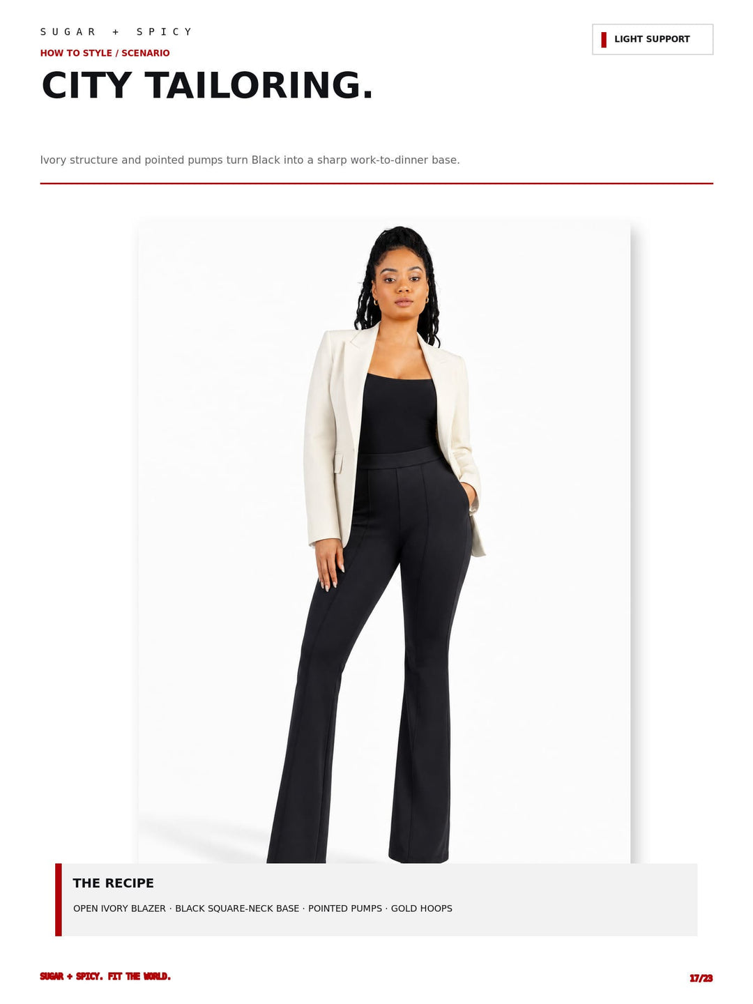 A fashion editorial page from Sugar + Spicy showing a model wearing a cream open-front blazer over a black top and black pointed flared pants, with text reading &