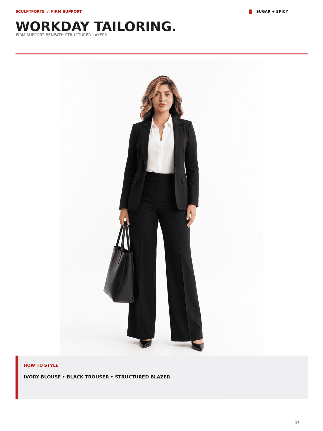A model wearing a black tailored suit with a white blouse, styled as a workday outfit, holding a black tote bag against a clean white background. The page includes text headers reading &