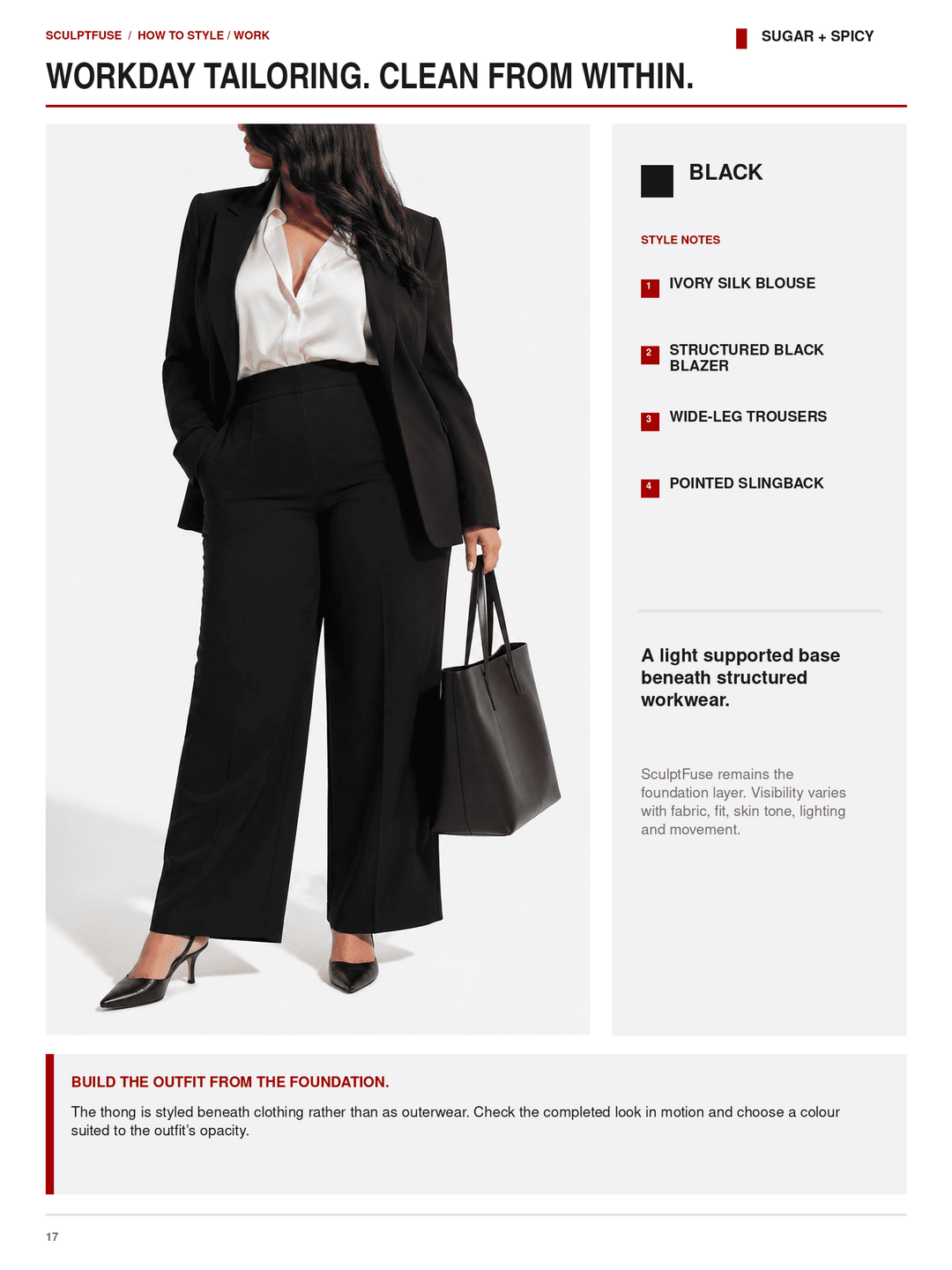 A fashion catalog page showing a model wearing a tailored black outfit with a white blouse and black heels, alongside text describing the look: workday tailoring, clean from within, and style notes including ivory silk blouse, structured black blazer, wide-leg trousers, and pointed slingback.