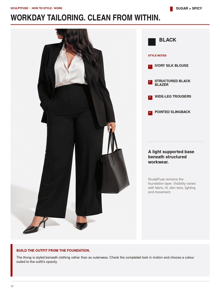 A fashion catalog page showing a model wearing a tailored black outfit with a white blouse and black heels, alongside text describing the look: workday tailoring, clean from within, and style notes including ivory silk blouse, structured black blazer, wide-leg trousers, and pointed slingback.