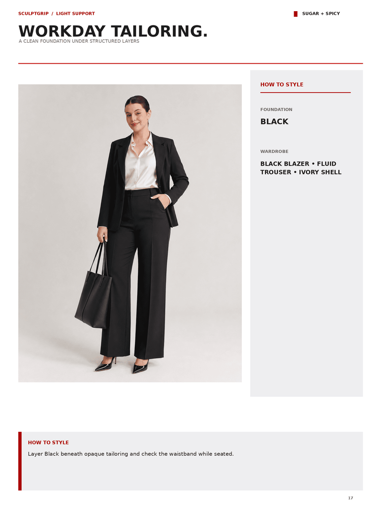 A fashion catalog page titled 'WORKDAY TAILORING' showing a seated woman wearing a tailored black blazer and black trousers with an ivory shell top, holding a black tote bag. The page includes styling notes and color labels on a white background.