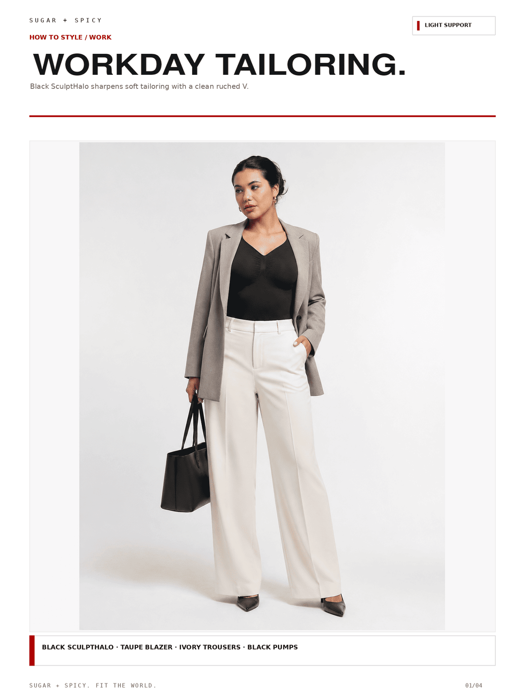 A fashion editorial-style photo shows a woman standing against a light gray studio background wearing a light taupe blazer, black top, off-white trousers, and black heels, while holding a black handbag. Large text at the top reads &
