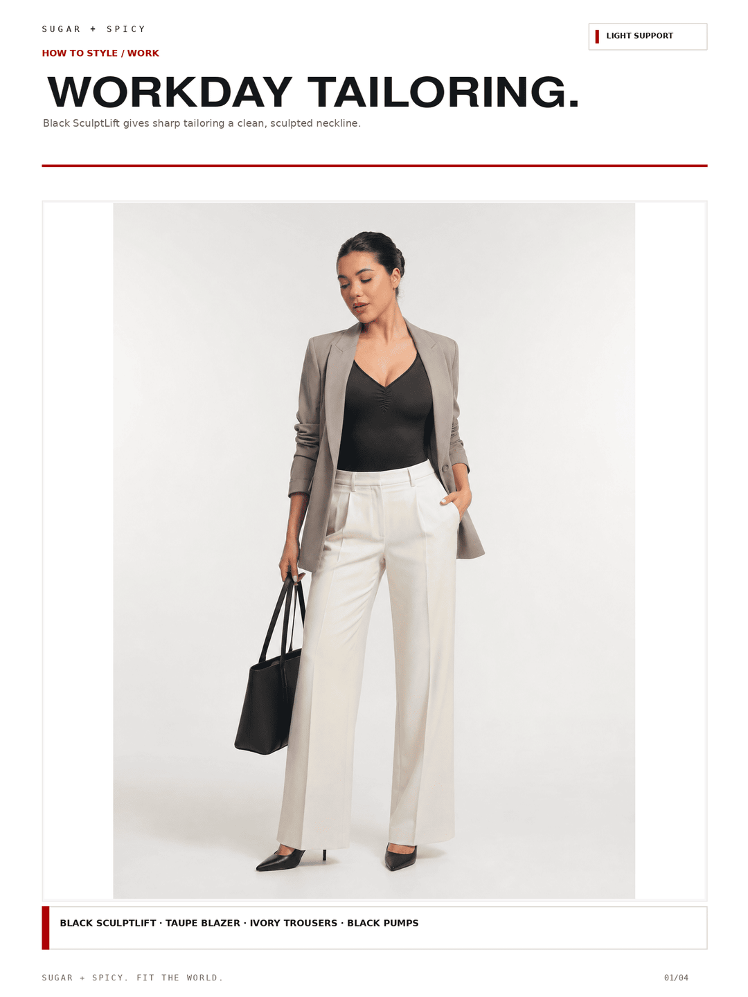 A fashion editorial photo of a woman modeling a taupe blazer, black V-neck top, and ivory trousers, holding a black tote bag. The image is presented on a white page with the headline &