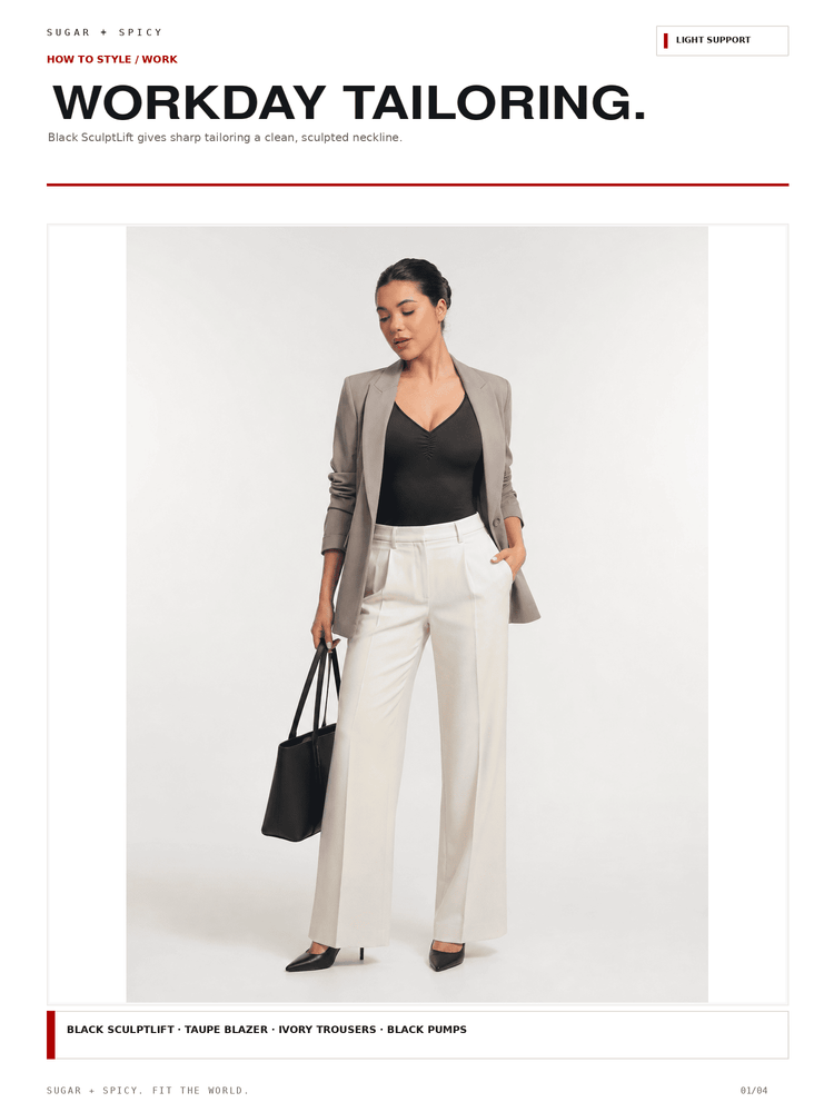 A fashion editorial photo of a woman modeling a taupe blazer, black V-neck top, and ivory trousers, holding a black tote bag. The image is presented on a white page with the headline 'WORKDAY TAILORING.