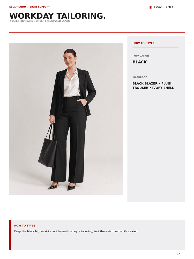A fashion editorial page from Sculptption / Light Support featuring a model wearing a tailored black blazer and matching trousers with a white shirt, styled with a black tote bag. The page includes text about workday tailoring and styling instructions.