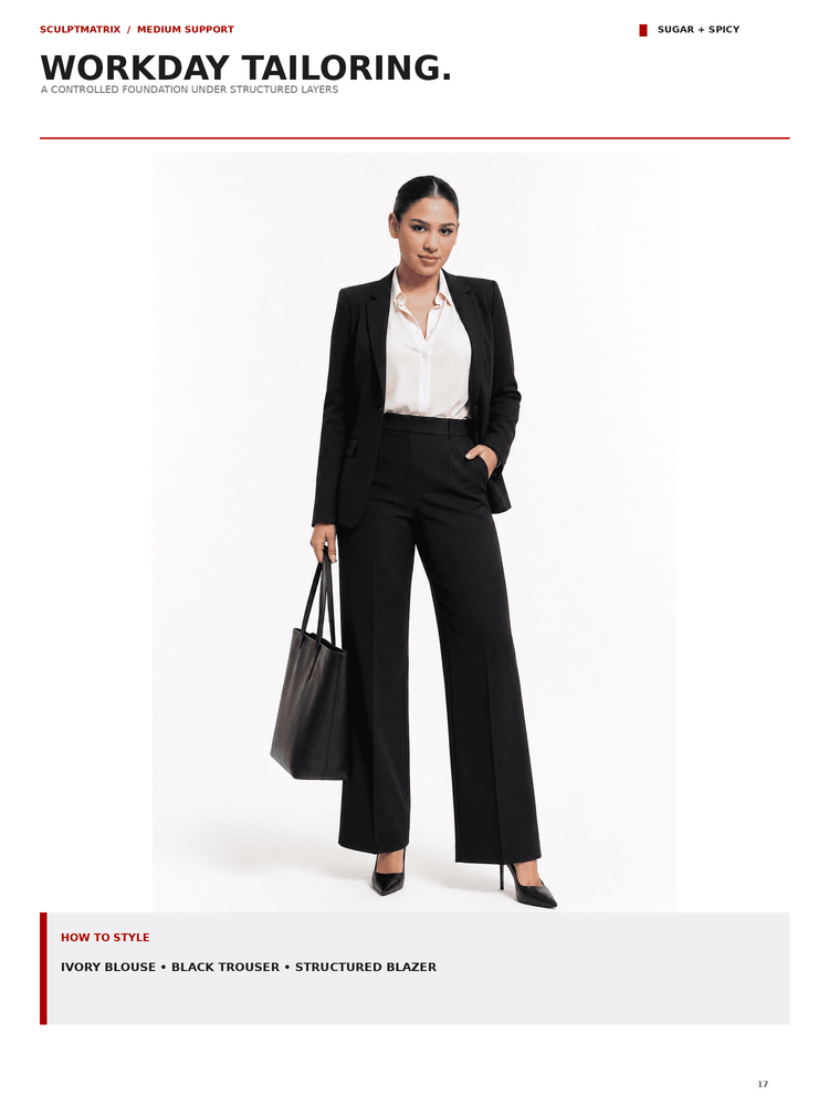 A model wearing a tailored work outfit consisting of a black structured blazer, black wide-leg trousers, and an ivory blouse, holding a black tote bag against a plain white studio background. Page text at the top reads 'WORKDAY TAILORING.