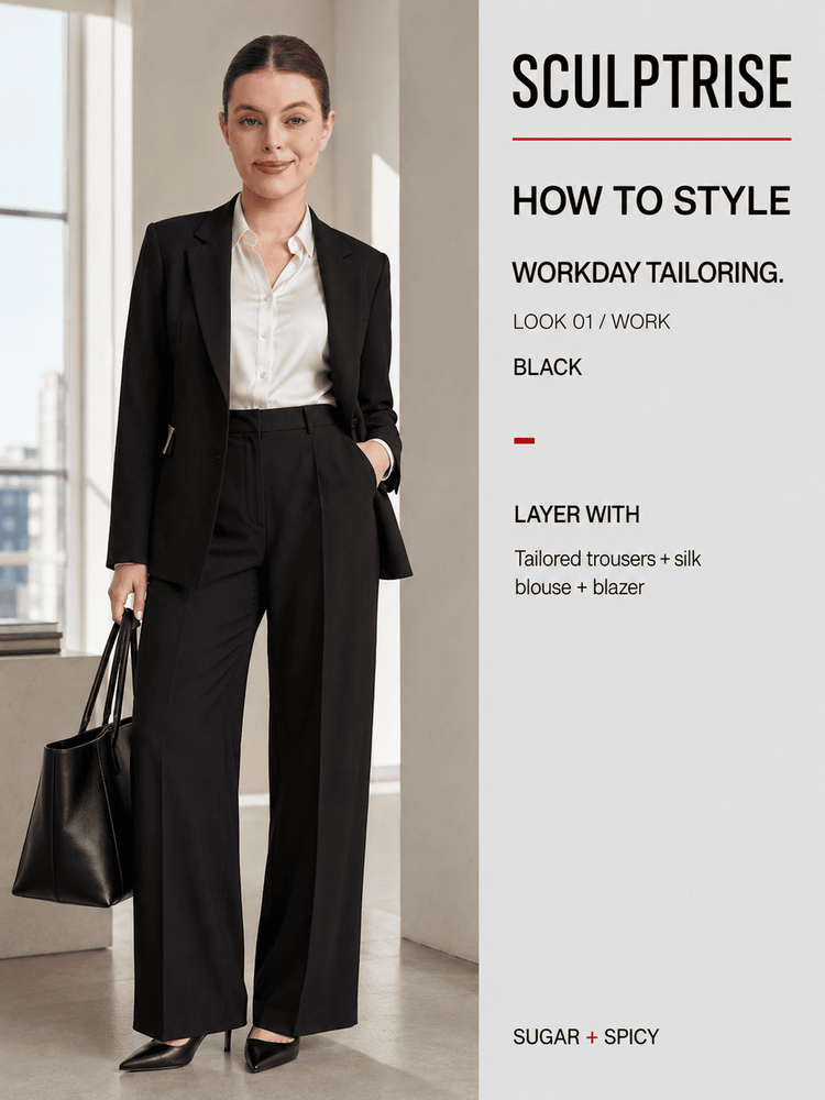 A woman models a tailored black blazer and matching wide-leg trousers over a white blouse, standing in a bright interior. The right side includes text reading 'SCULPTRISE HOW TO STYLE WORKDAY TAILORING.