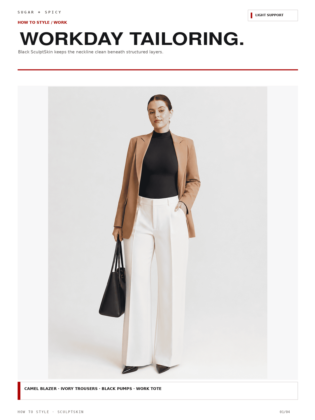 A fashion editorial-style image showing a woman standing against a light gray background wearing a camel blazer, black turtleneck, ivory wide-leg trousers, and black heels, while holding a black tote bag. Large headline text at the top reads &