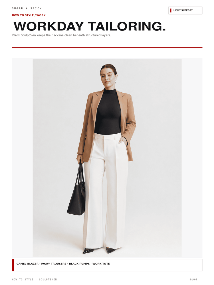 A fashion editorial-style image showing a woman standing against a light gray background wearing a camel blazer, black turtleneck, ivory wide-leg trousers, and black heels, while holding a black tote bag. Large headline text at the top reads 'WORKDAY TAILORING.