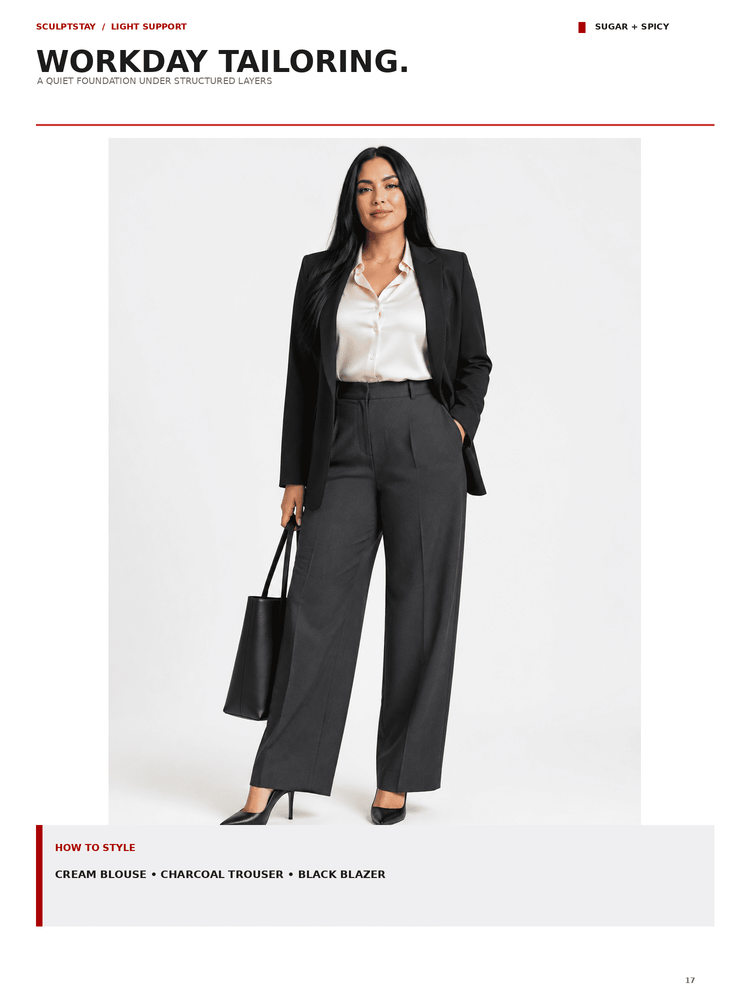 A woman modeling a tailored work outfit against a light gray studio background. She wears a cream blouse, charcoal wide-leg trousers, and a black blazer, holding a black tote bag.