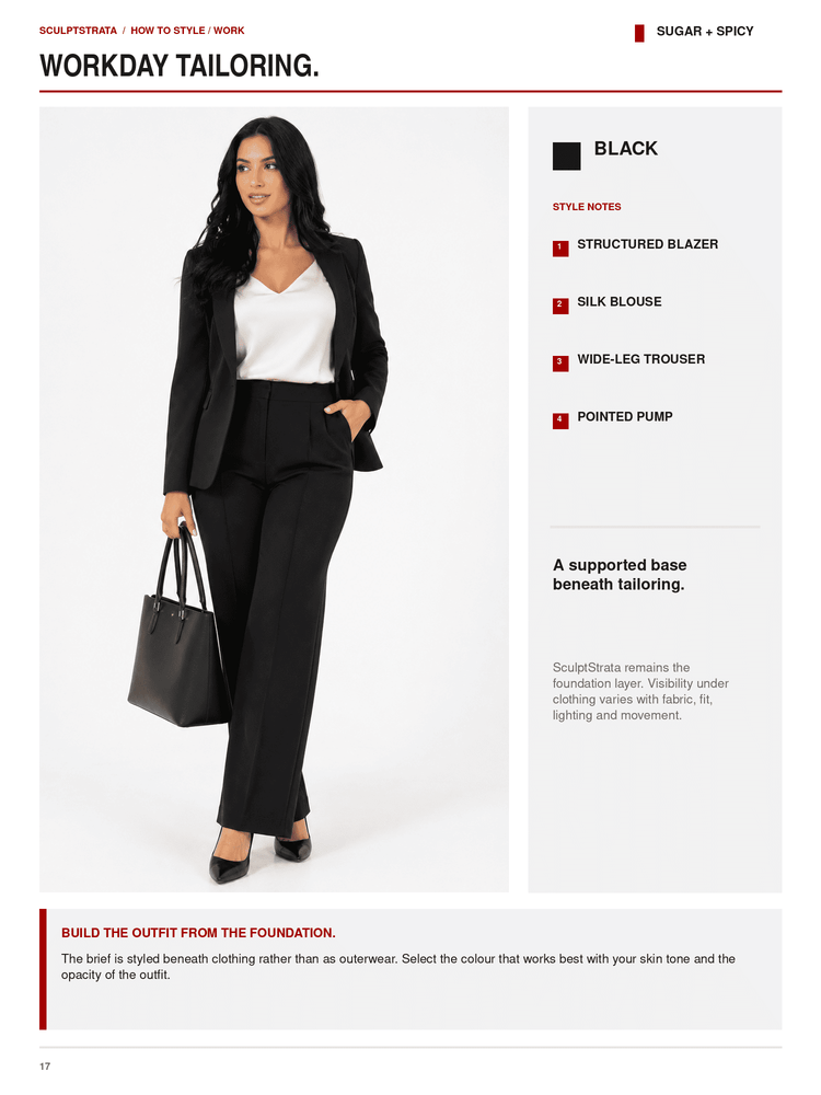 A fashion styling page from Sculptormaker titled 'Workday Tailoring' showing a woman wearing a black blazer, white blouse, wide-leg trouser, and black heels while holding a black handbag. The page includes text notes and color callouts for the outfit.