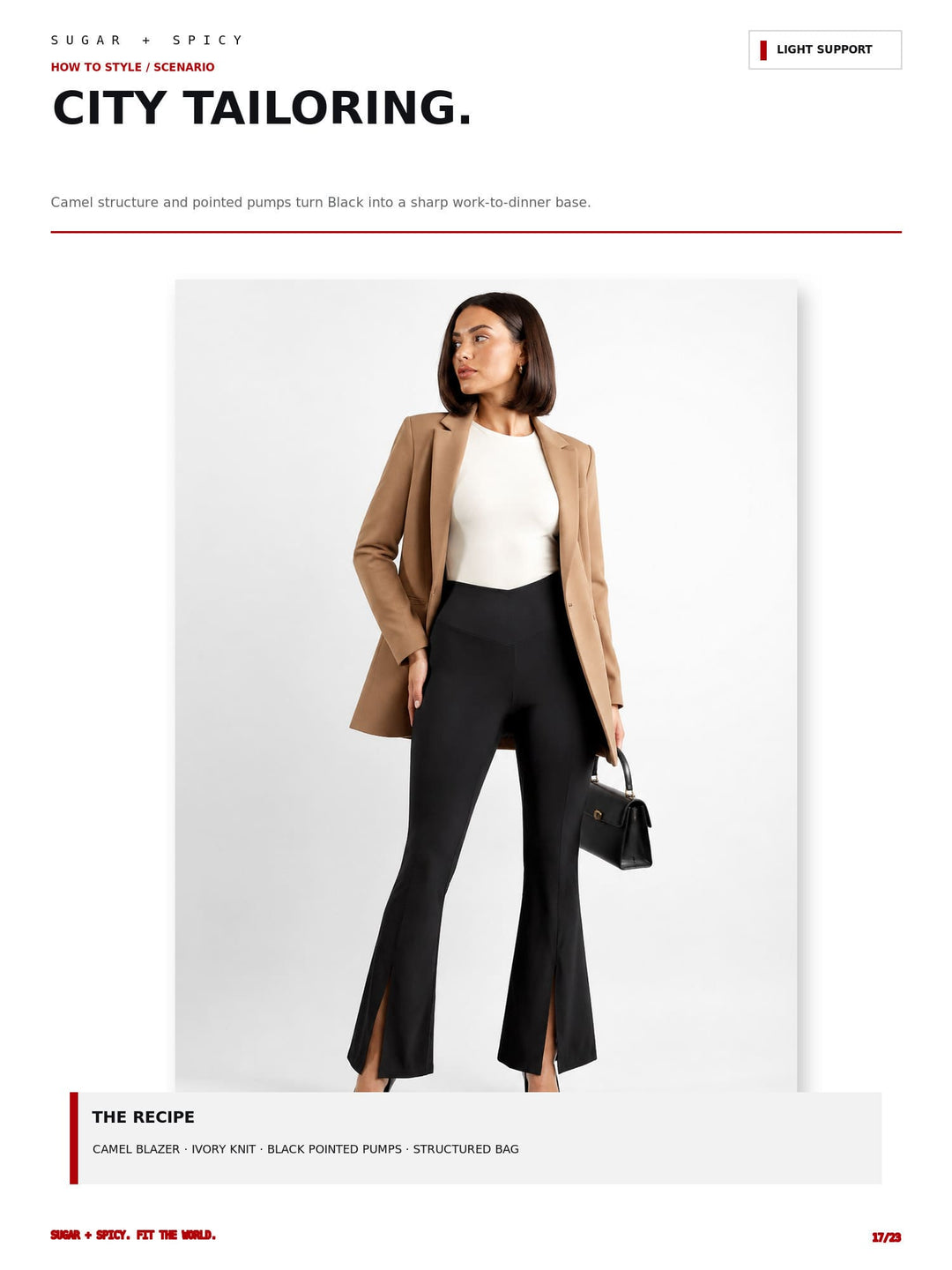 A fashion editorial page showing a model wearing a camel blazer, white top, and black flared trousers, with text reading &